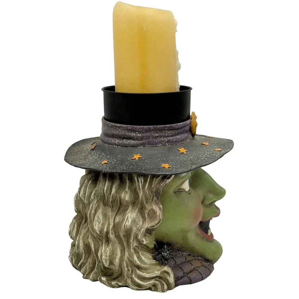 Vtg Lg Kirkland Halloween‎ Grinning Witch Head Pillar Candleholder Costco READ